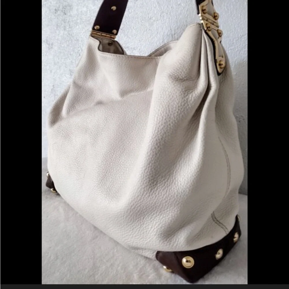 MICHAEL Michael Kors Bedford Cream and Brown Hobo Bag Gold Hardware Soft Leather
